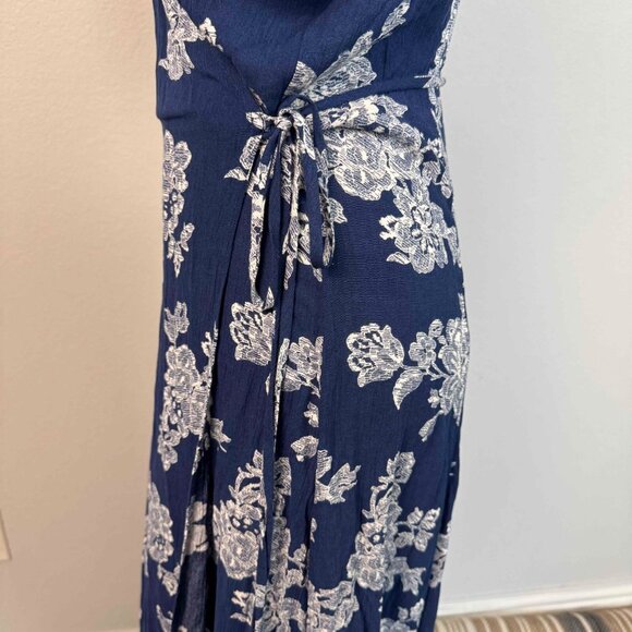 Lulus Women's Heart of Marigold Wrap Maxi Dress 100% Rayon Floral Navy Blue Sz L - Picture 10 of 16
